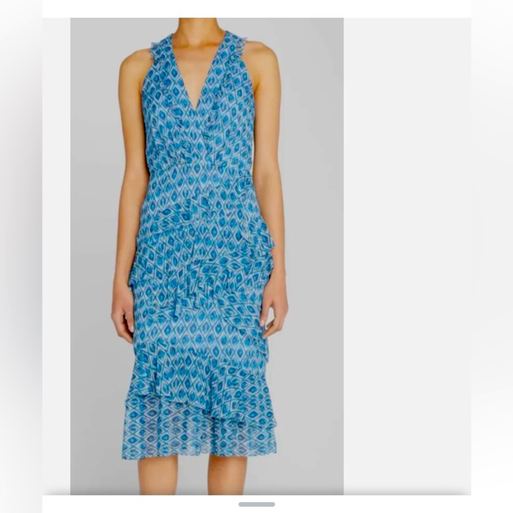 Saloni Women's Blue Annisa Tiered Asymmetric-Ruffle Midi Dress Retail $675 NWT
